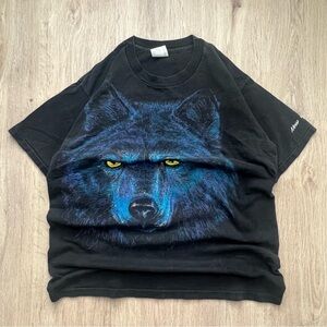 Vintage 90s Hazelwoods Blue Wolf T-Shirt L Single Stitch Animal Graphic Tee